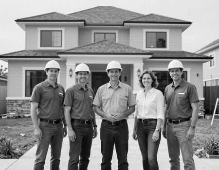 Construction team and client standing in front of a completed home project.