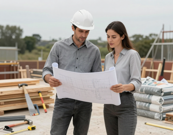 General contractor reviewing blueprints with a client at a jobsite.