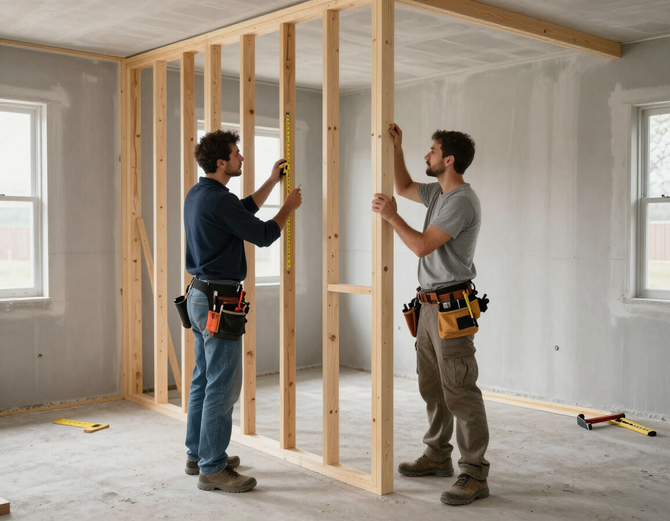 Carpenters installing wood framing inside a house under construction.