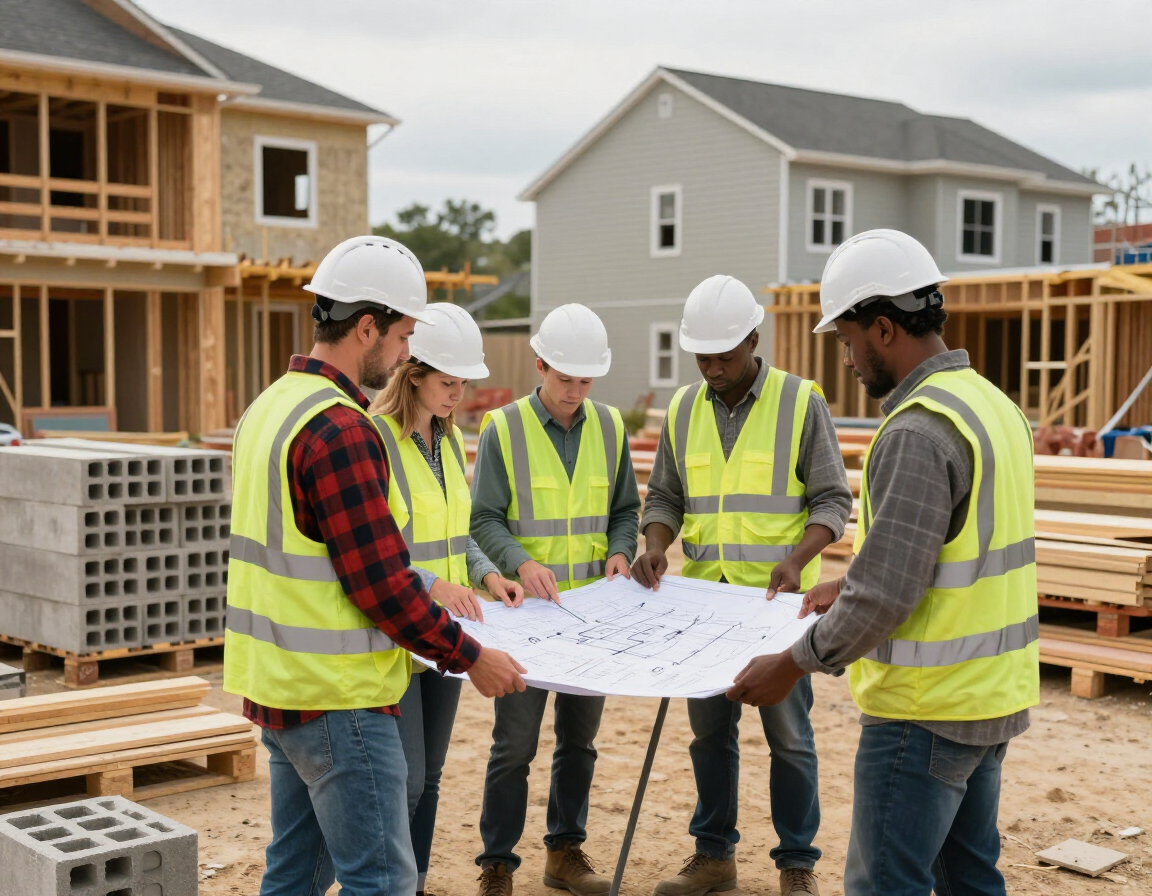 Construction crew reviewing plans at a residential jobsite.