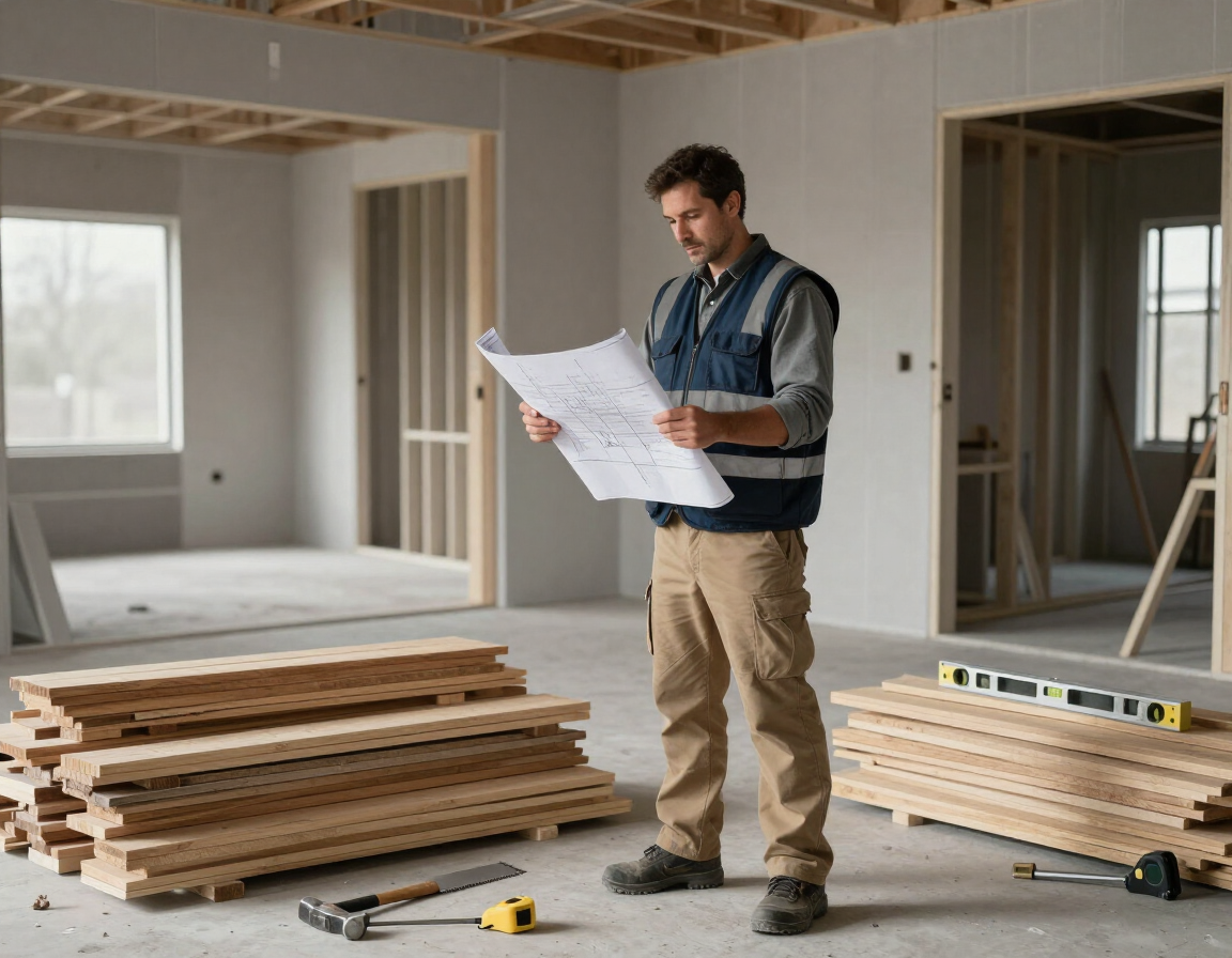 General contractor supervising an unfinished interior build.