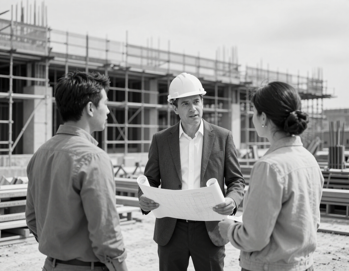 Construction manager discussing a project with clients on site.