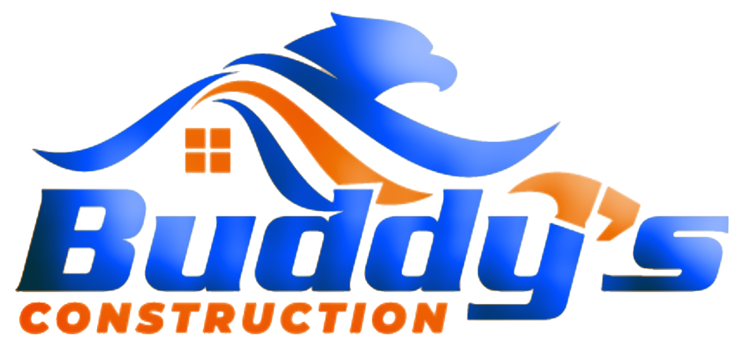 Logo for Buddy's Construction: Blue eagle, orange and blue design, white house silhouette, blue