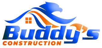 Logo for Buddy's Construction: Blue eagle, orange and blue design, white house silhouette, blue 