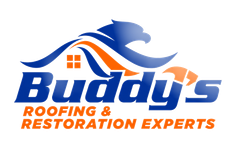 Logo for Buddy's Construction: Blue eagle, orange and blue design, white house silhouette, blue 