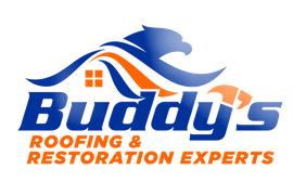 Logo for Buddy's Construction: Blue eagle, orange and blue design, white house silhouette, blue 