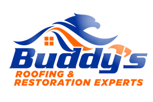 Logo for Buddy's Construction: Blue eagle, orange and blue design, white house silhouette, blue 