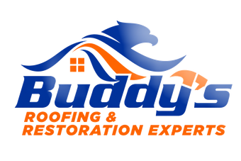 Logo for Buddy's Construction: Blue eagle, orange and blue design, white house silhouette, blue 