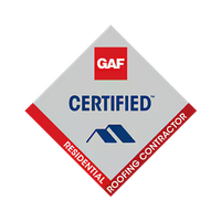 GAF Certified Residential Roofing Contractor badge, gray diamond with red accents, blue roof icon.