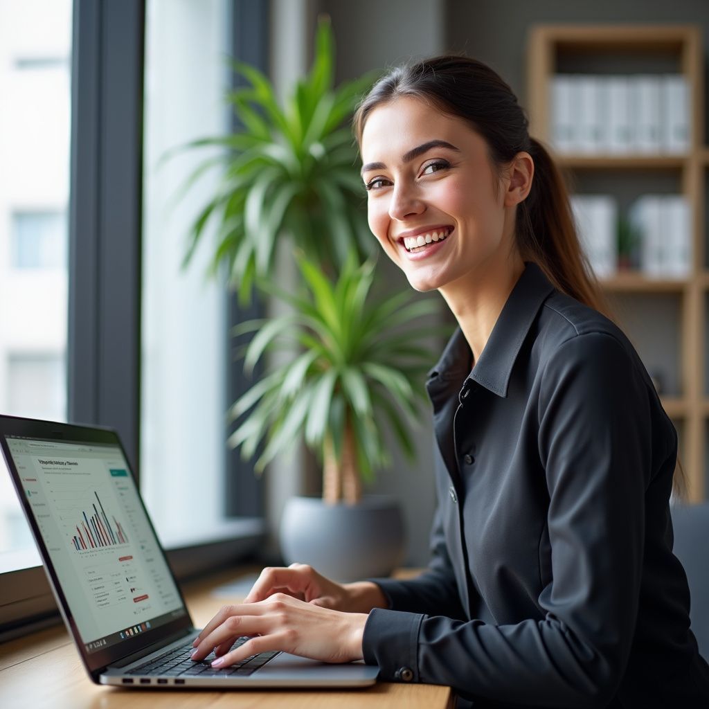 Woman in black shirt smiling while using laptop.