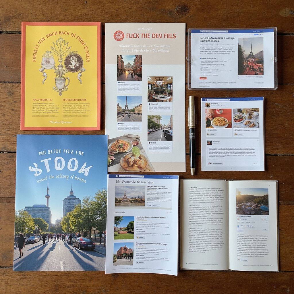 Various brochures, a pen, and social media posts on a wooden surface, promoting food and travel.