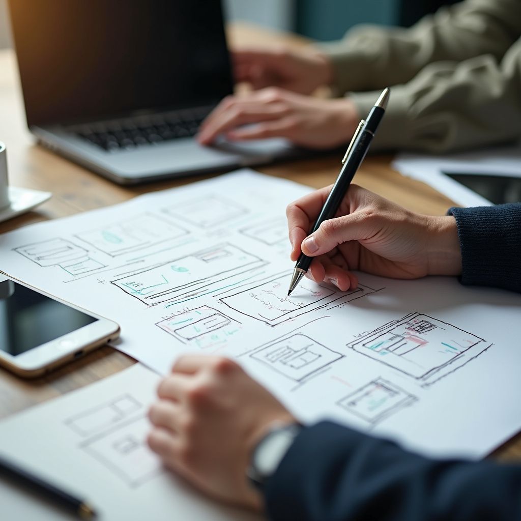 Person sketching a website design on paper, with a laptop and smartphone nearby.
