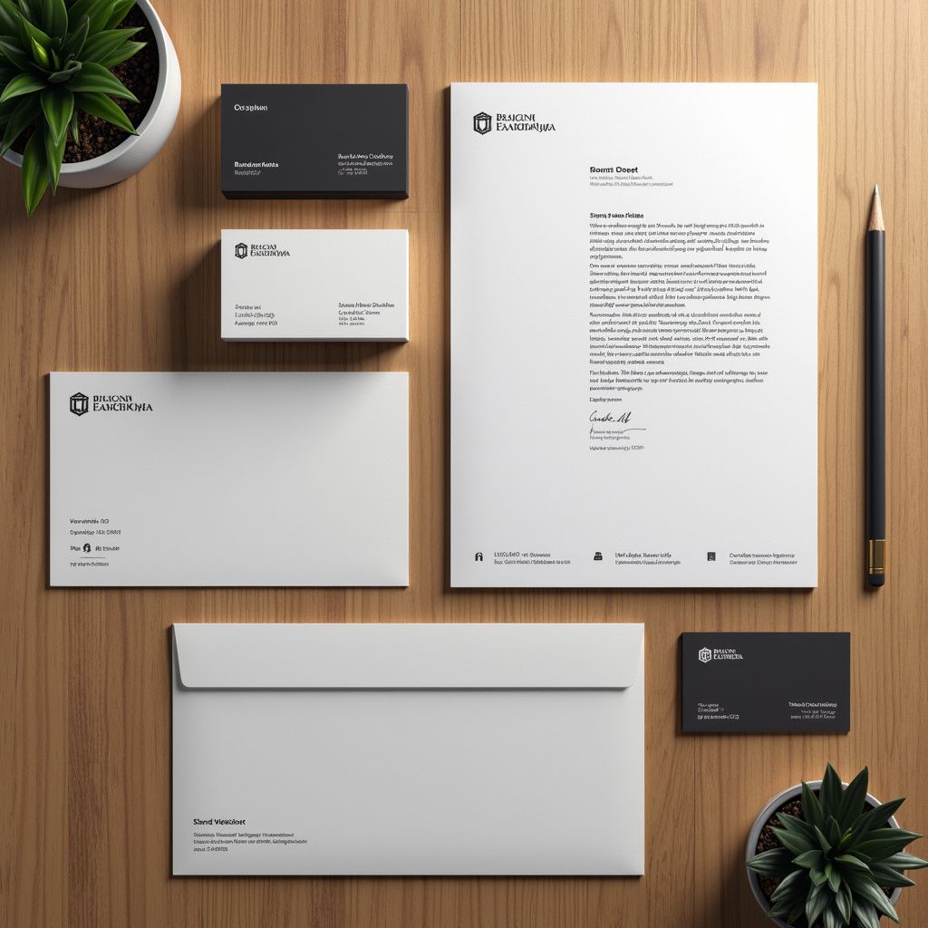 Stationery set on wooden desk, including business cards, envelopes, and letterhead with logo.