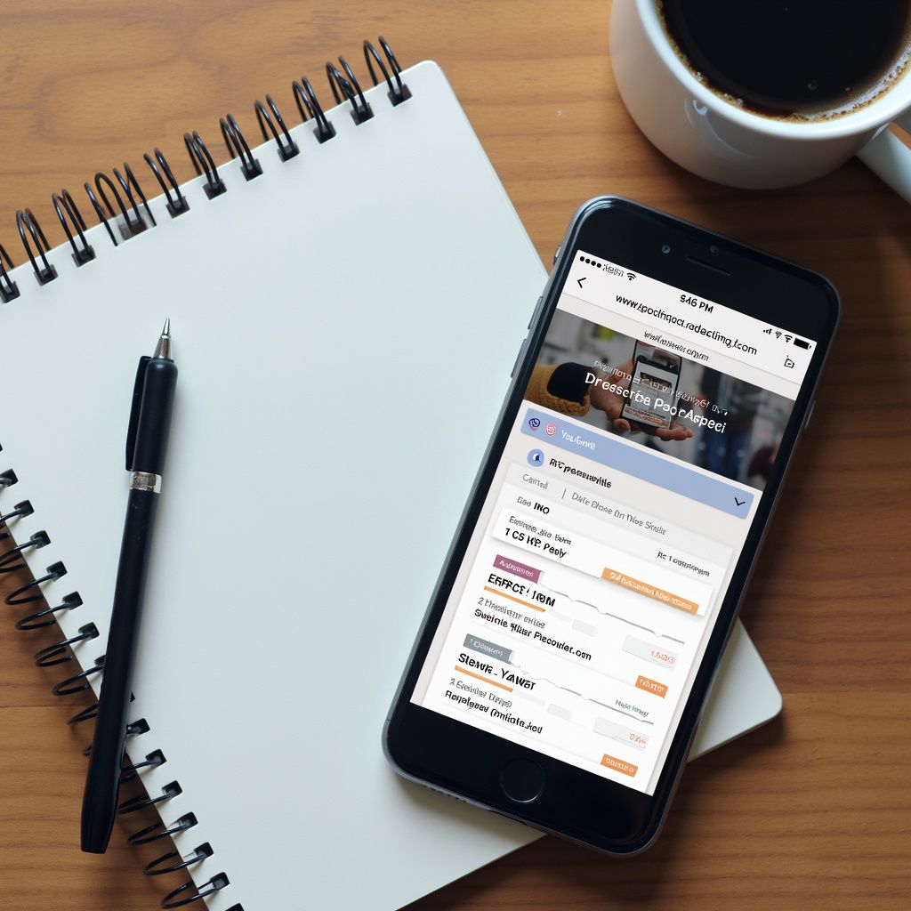 Smartphone on notepad displaying app list, with pen and coffee cup.