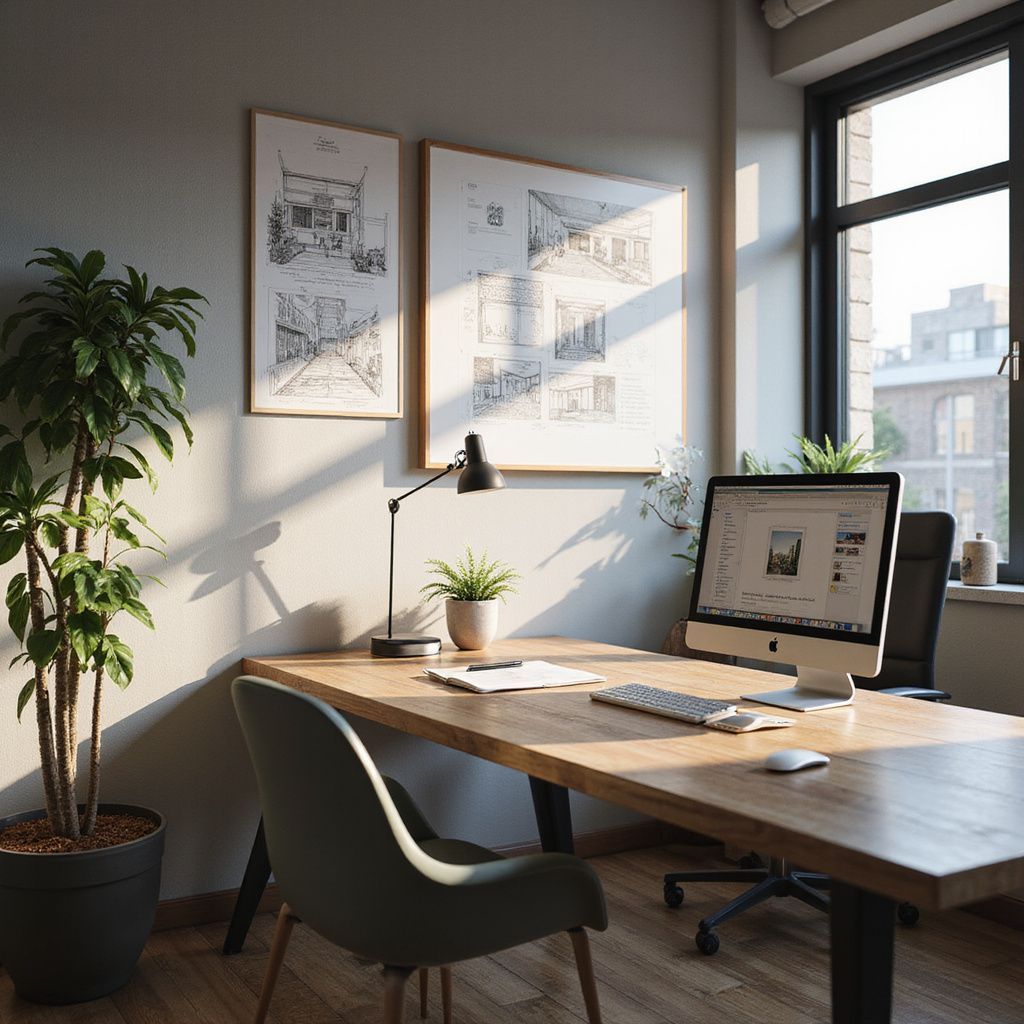 Home office with wooden desk, computer, lamp, chair, framed art, and a potted plant by a window.