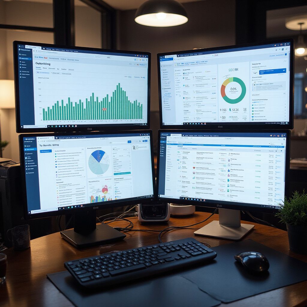 Four computer monitors displaying charts and data on a desk with a keyboard, mouse, and potted plant.