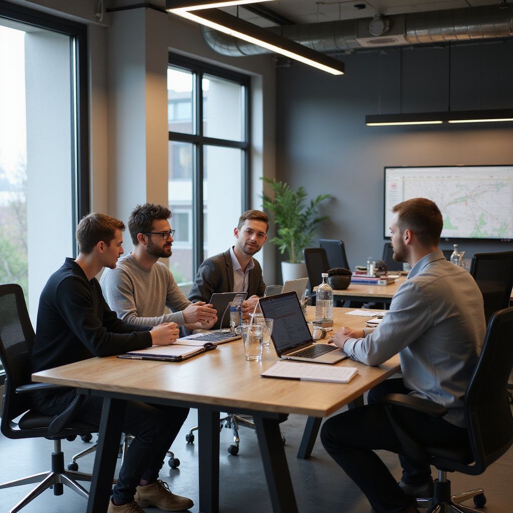 Four men in a modern office meeting at a table, looking at laptops and documents.