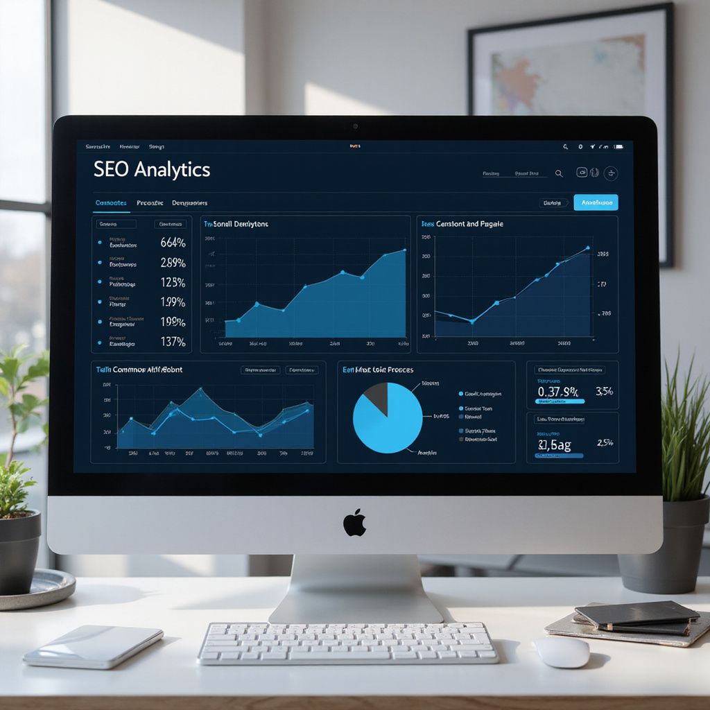 A computer monitor displaying SEO analytics with various charts and graphs, sitting on a desk.