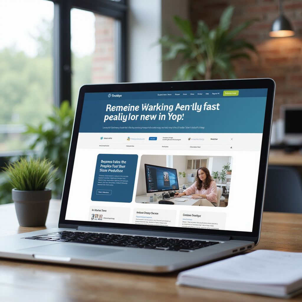 Laptop displaying a website about working efficiently, sitting on a wooden desk.
