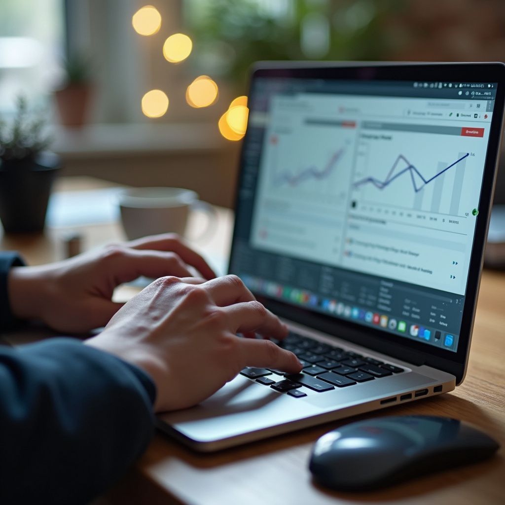 Hands typing on laptop displaying graphs; desk setting with mouse.
