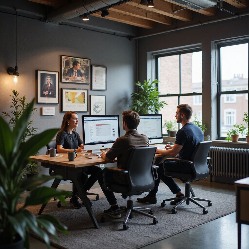 Three people working together at a desk with computers in an office setting.