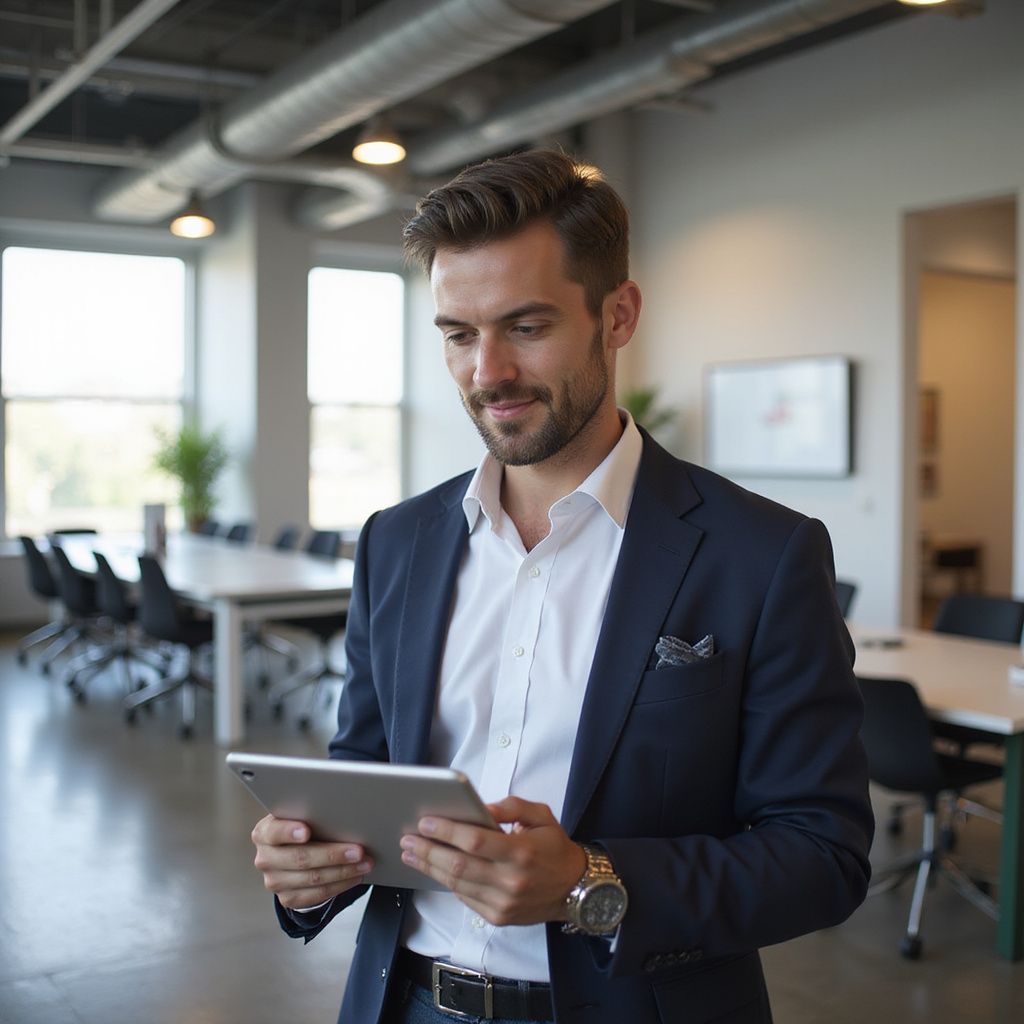 Man in suit, using a tablet in an office setting, looking down with a smile.