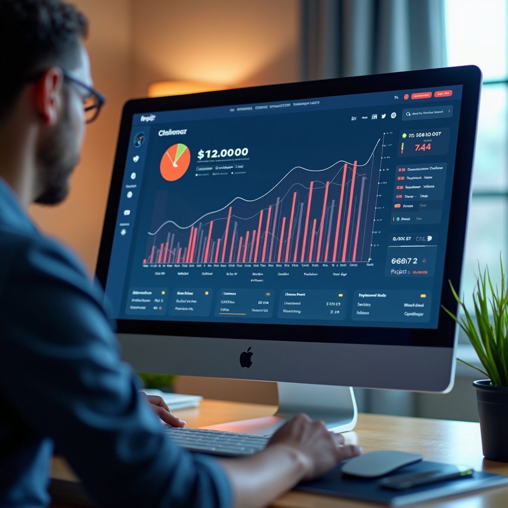 Man analyzing financial data on a computer screen, dark theme with charts and graphs, in an office.