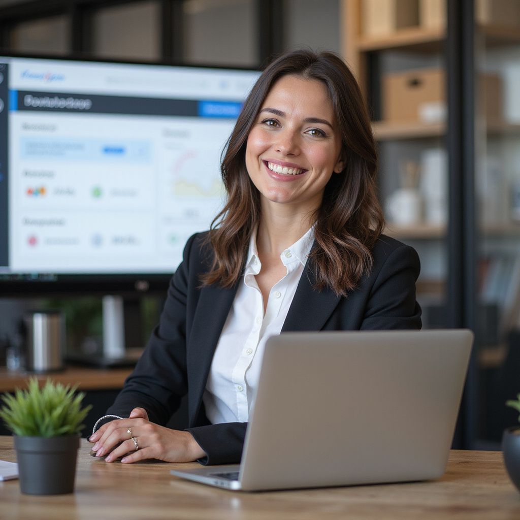 Woman in blazer smiling, sitting at desk with laptop, office setting, screen behind her.