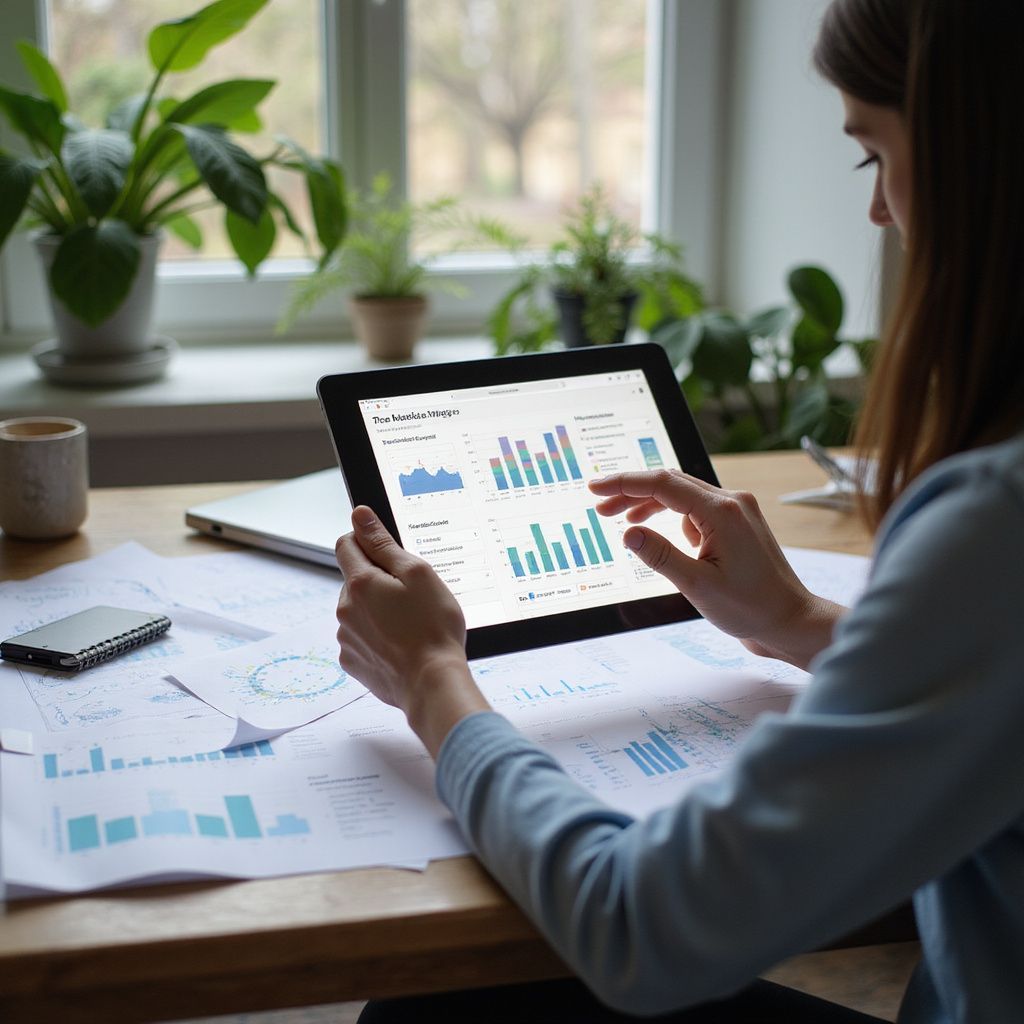 Woman examining charts and graphs on a tablet and papers at a desk.