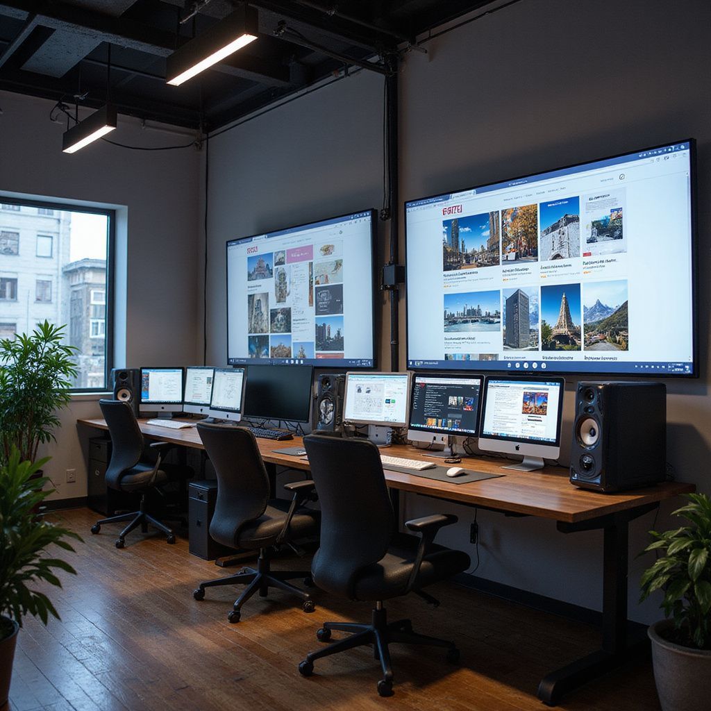 Modern office with multiple computer workstations, large monitors, and plants.