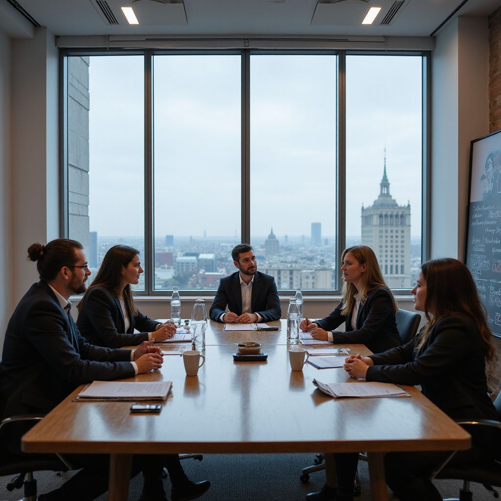 Businesspeople at a conference table with city view.