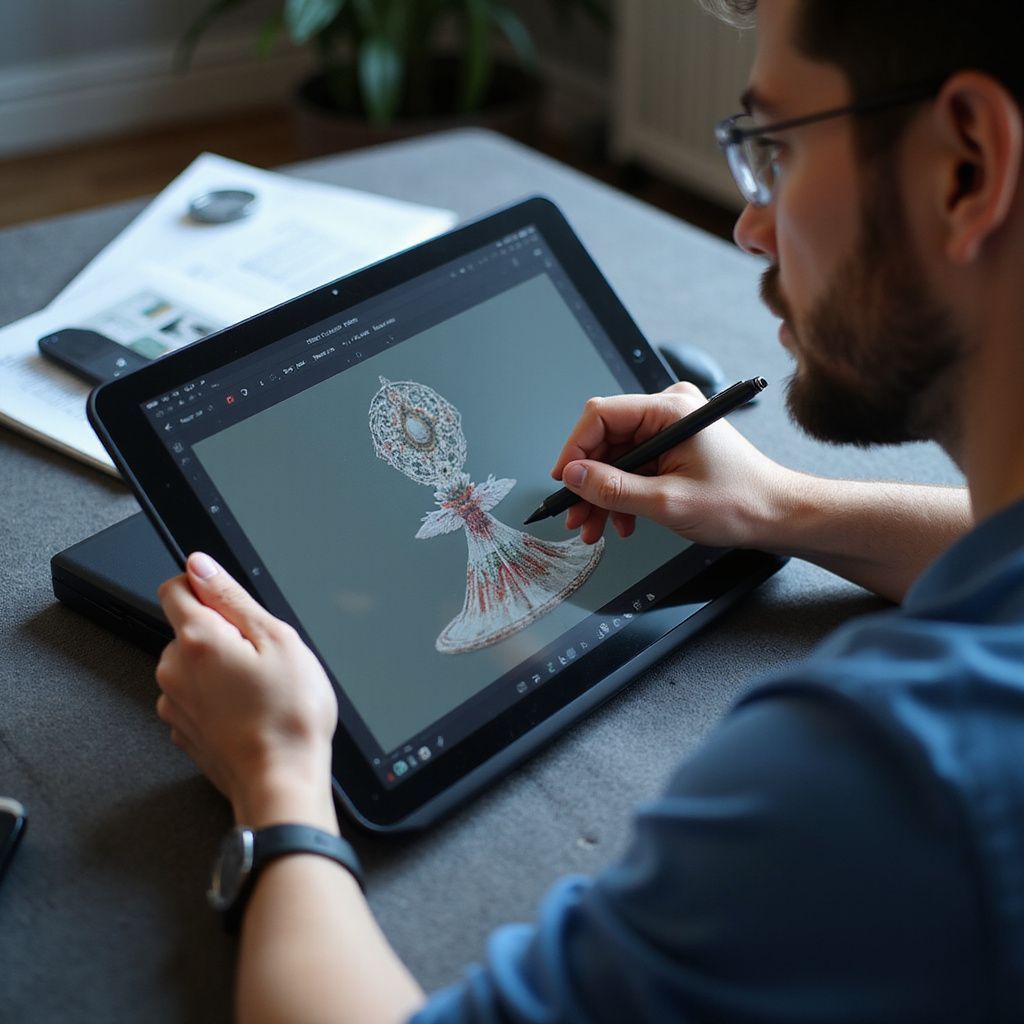 Man using stylus on digital tablet, creating 3D model on a gray surface.
