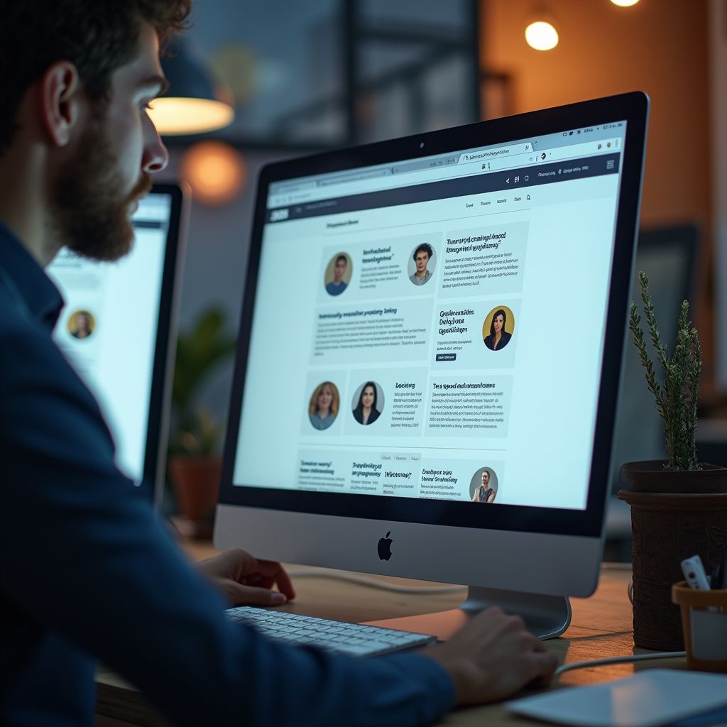 Man at computer viewing a website with employee profiles, indoors.