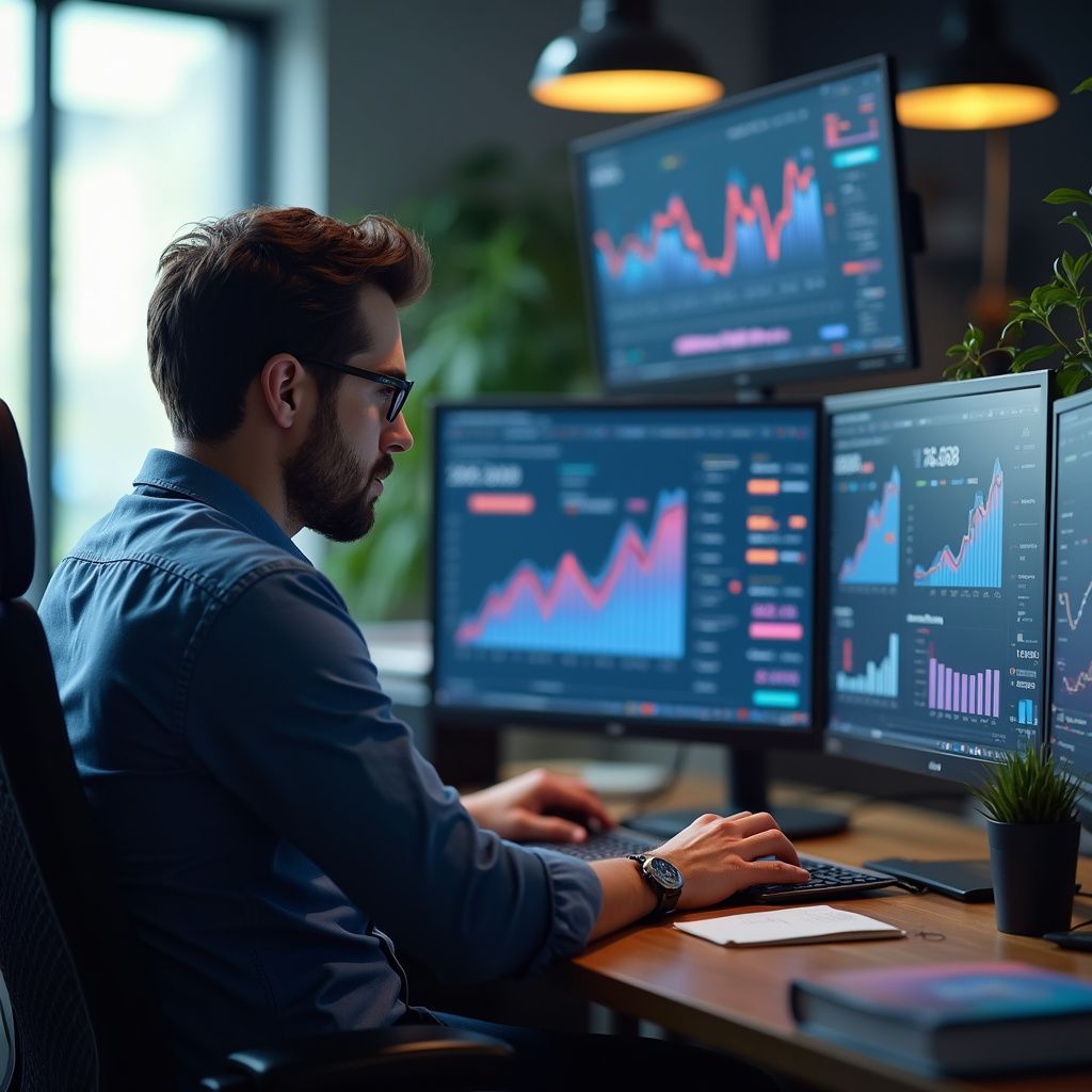 Man working at a desk with multiple computer screens displaying stock charts in an office setting.
