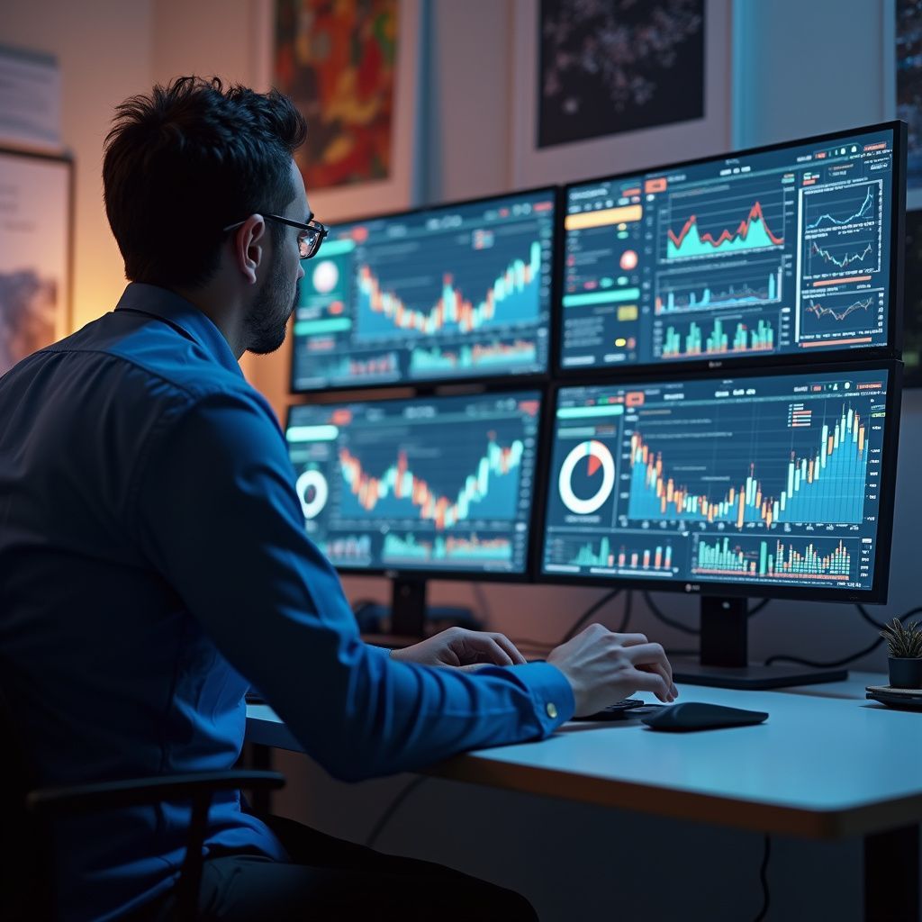 Man in blue shirt analyzes stock market charts on multiple computer screens.