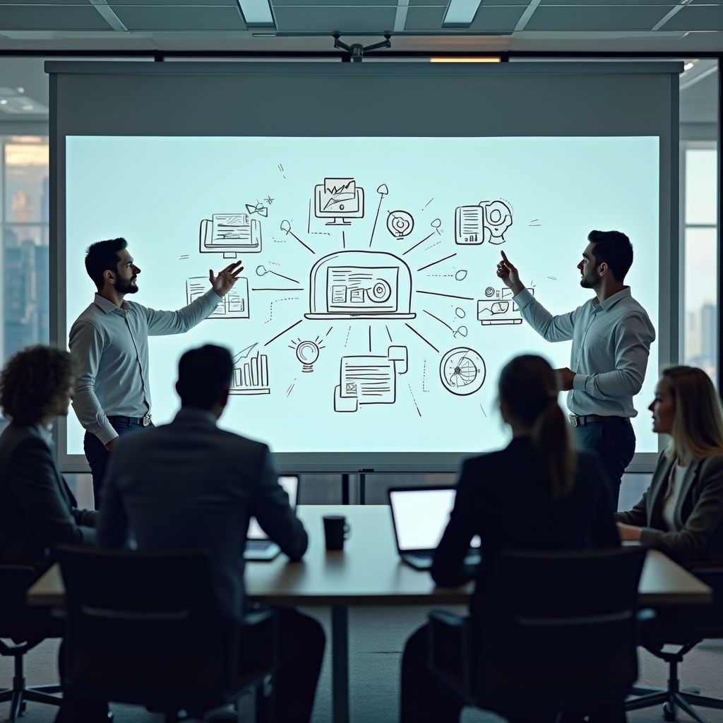 Business team in a meeting, two men pointing at a screen with a diagram.
