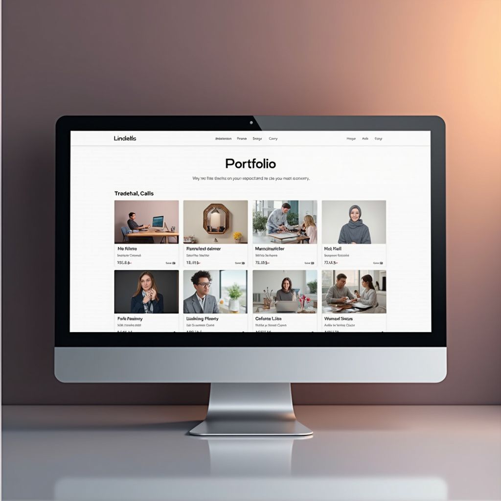 Computer screen displaying a portfolio website with grid of images.