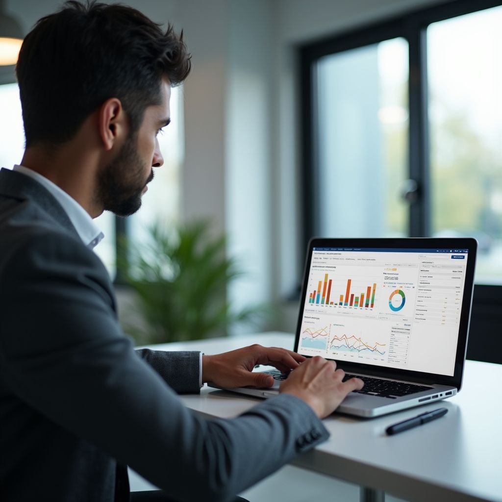 Man in suit analyzing data on a laptop, indoors at a desk.