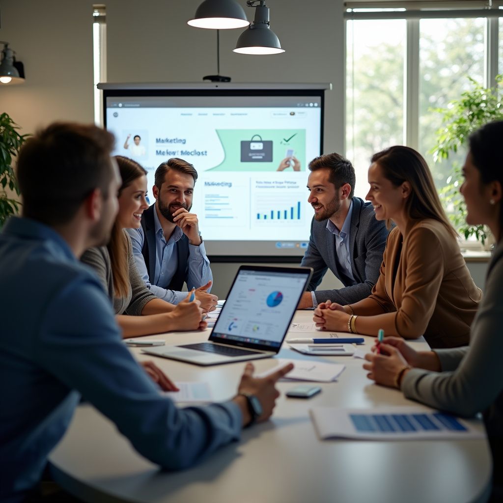 Group of professionals in a meeting, around a table with a laptop, projector screen in the background.