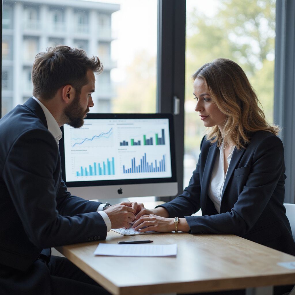 Two business people review data on a computer screen at a desk in an office.