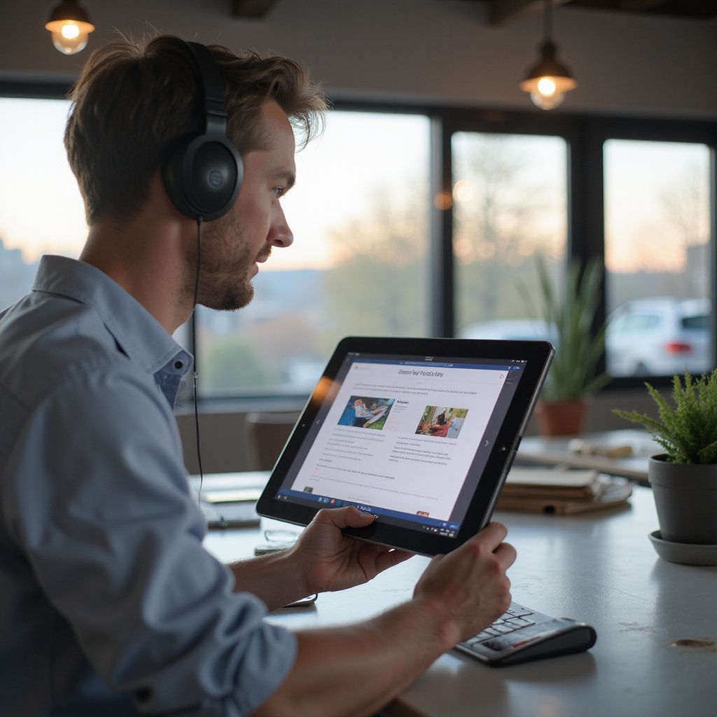 Man wearing headphones, looking at a tablet indoors. He's holding the tablet and a remote control rests on the table.