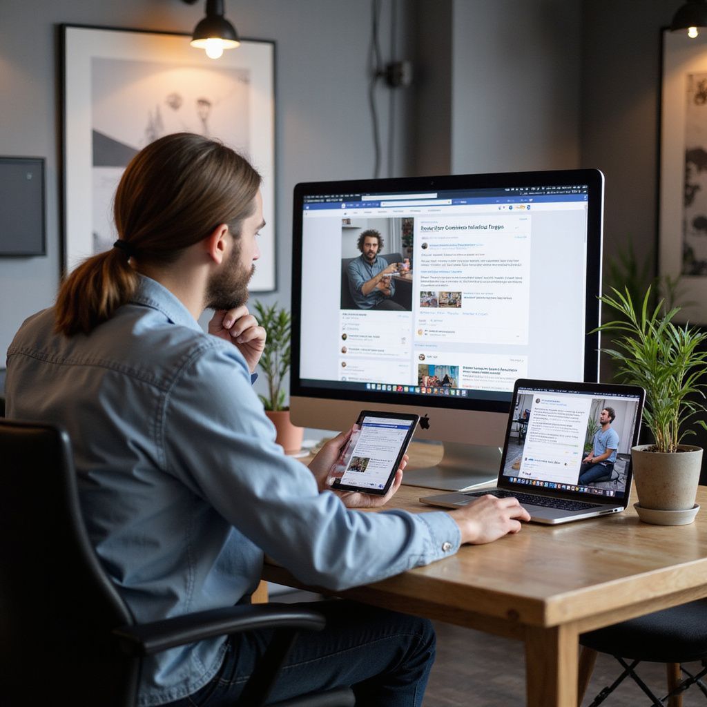 Man at desk using multiple devices, including a computer and tablet, in an office setting.