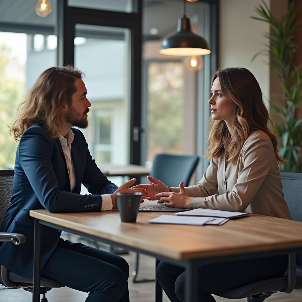 Two people in a discussion at a table in a modern office setting.