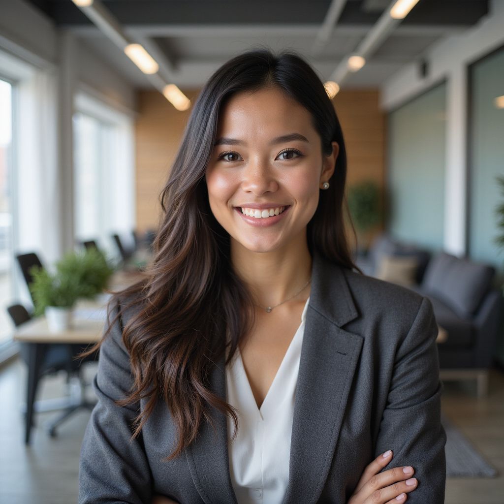 Woman in gray blazer smiles, arms crossed, in a modern office.