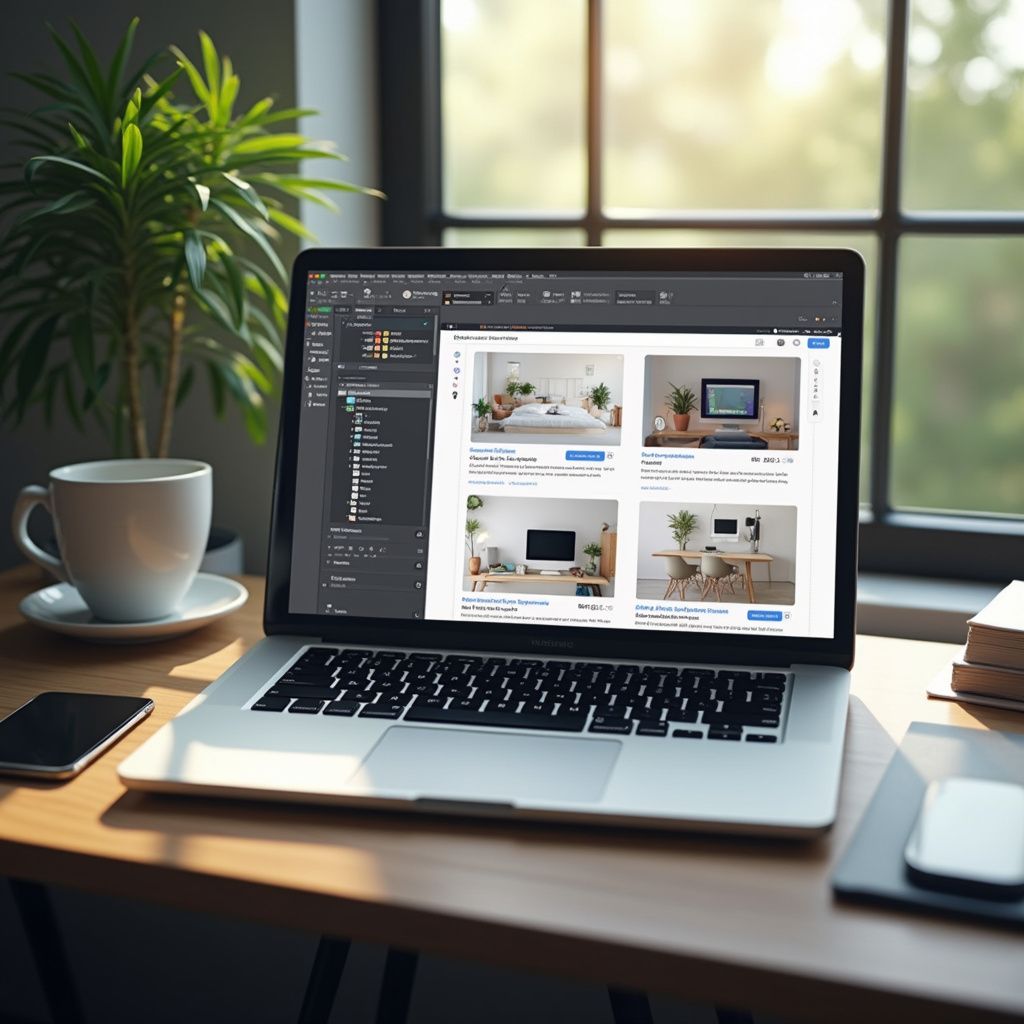 Laptop displaying interior design images, with coffee cup, phone, and plant on wooden desk by window.