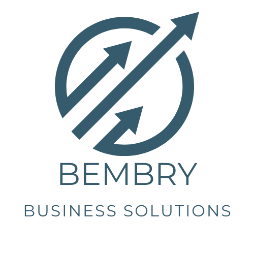 Logo for Bembry Business Solutions, featuring an upward-pointing arrow through a circle and two smaller arrows.