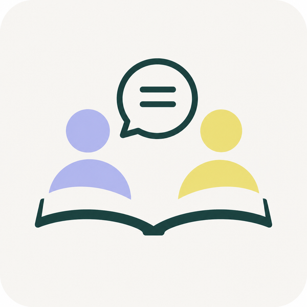 Two people reading with a speech bubble above an open book icon