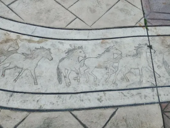Cracked stone walkway with irregular pale gray paving stones beside a dirt edge and dark stains.