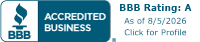 BBB Accredited Business badge with A rating, “As of 8/5/2026,” and “Click for Profile” text.