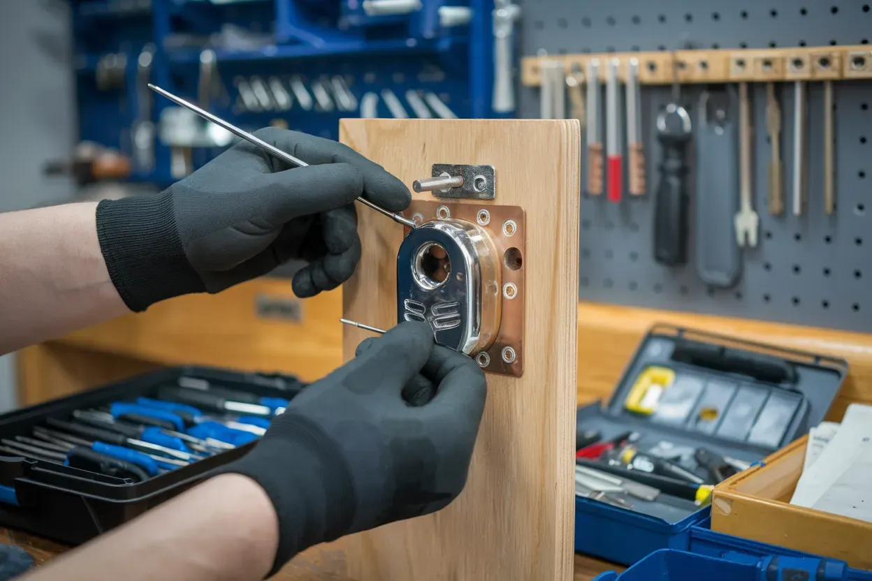 A man wearing black gloves is working on a door lock.